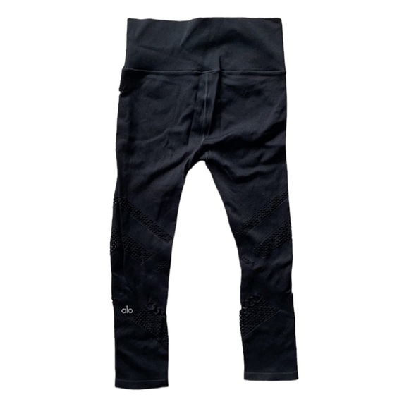 ALO YOGA RADIANCE BLACK NET MESHY PERFORATED SEAMLESS LEGGING CROP ANKLE PANTS L - Picture 5 of 10